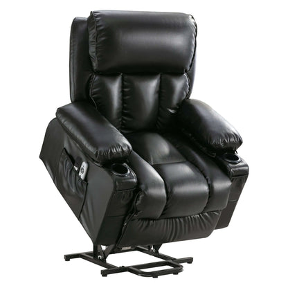 Brown leather lift recliner chair with storage pocket on a white background