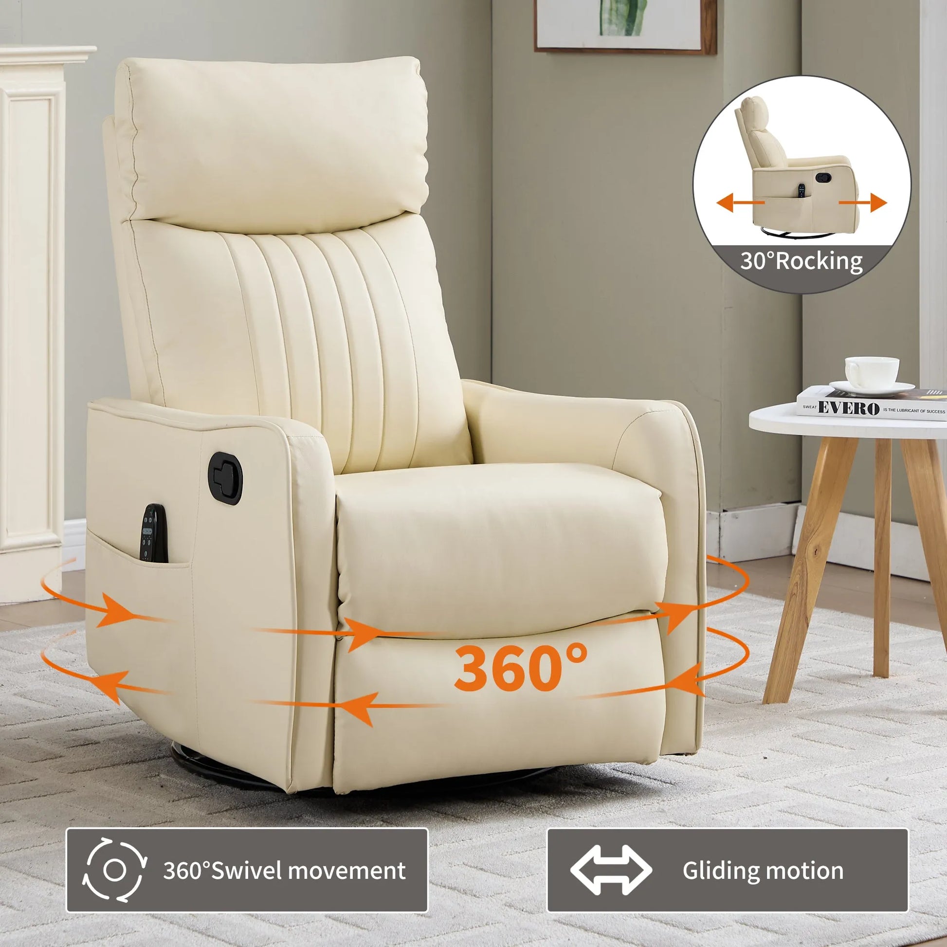 Beige recliner chair with 360-degree swivel, rocking, and gliding features in a living room setting.