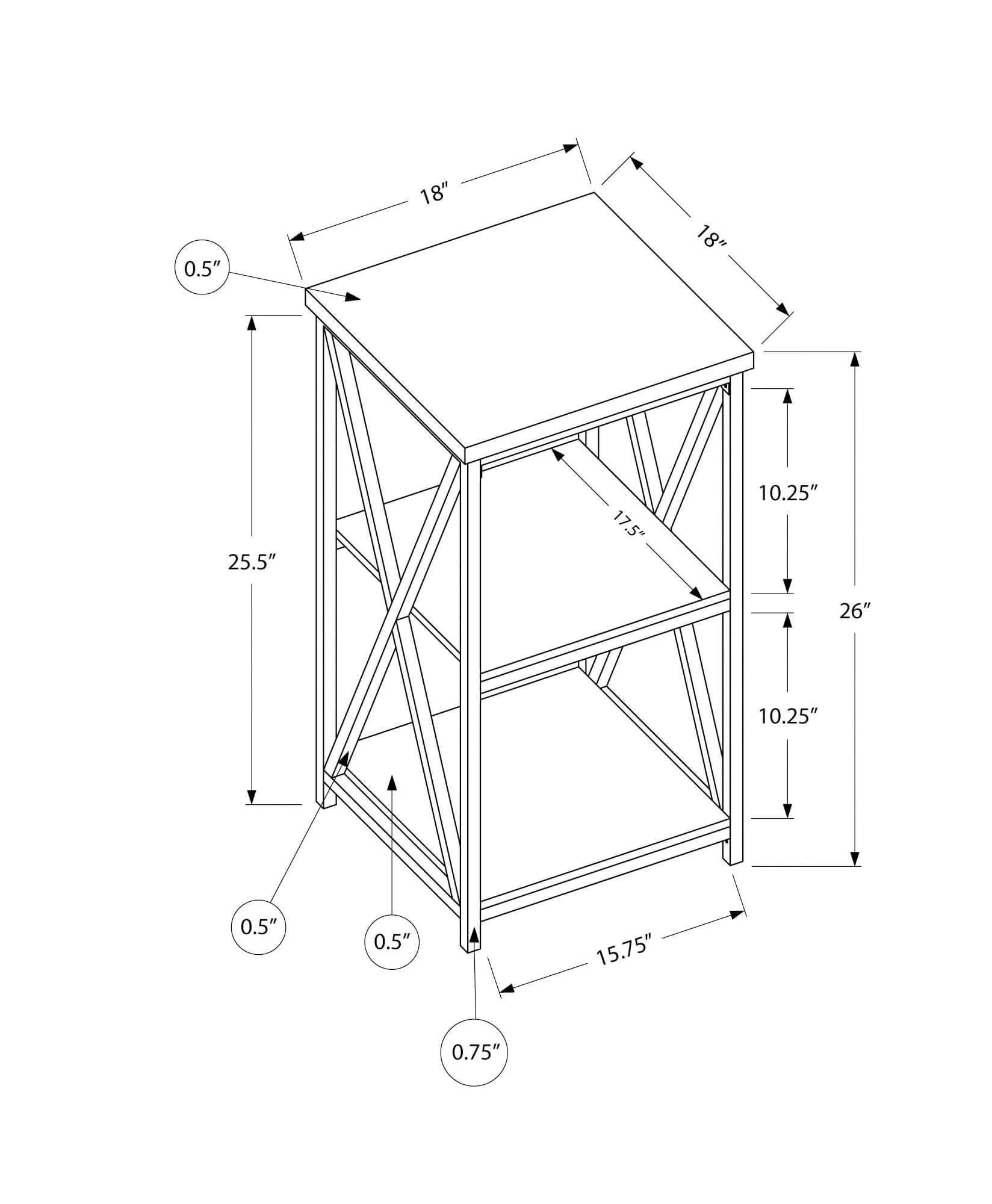 Technical drawing of an end table with dimensions labeled