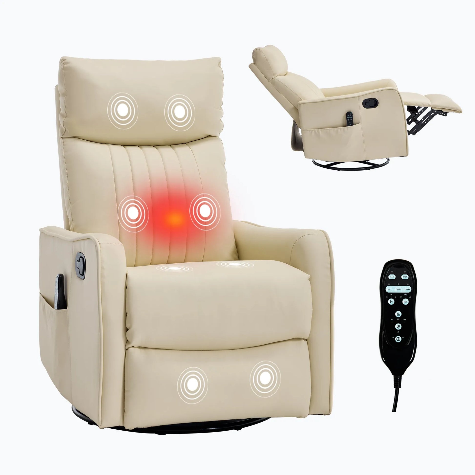 Beige massage chair with massage points and remote control on a white background