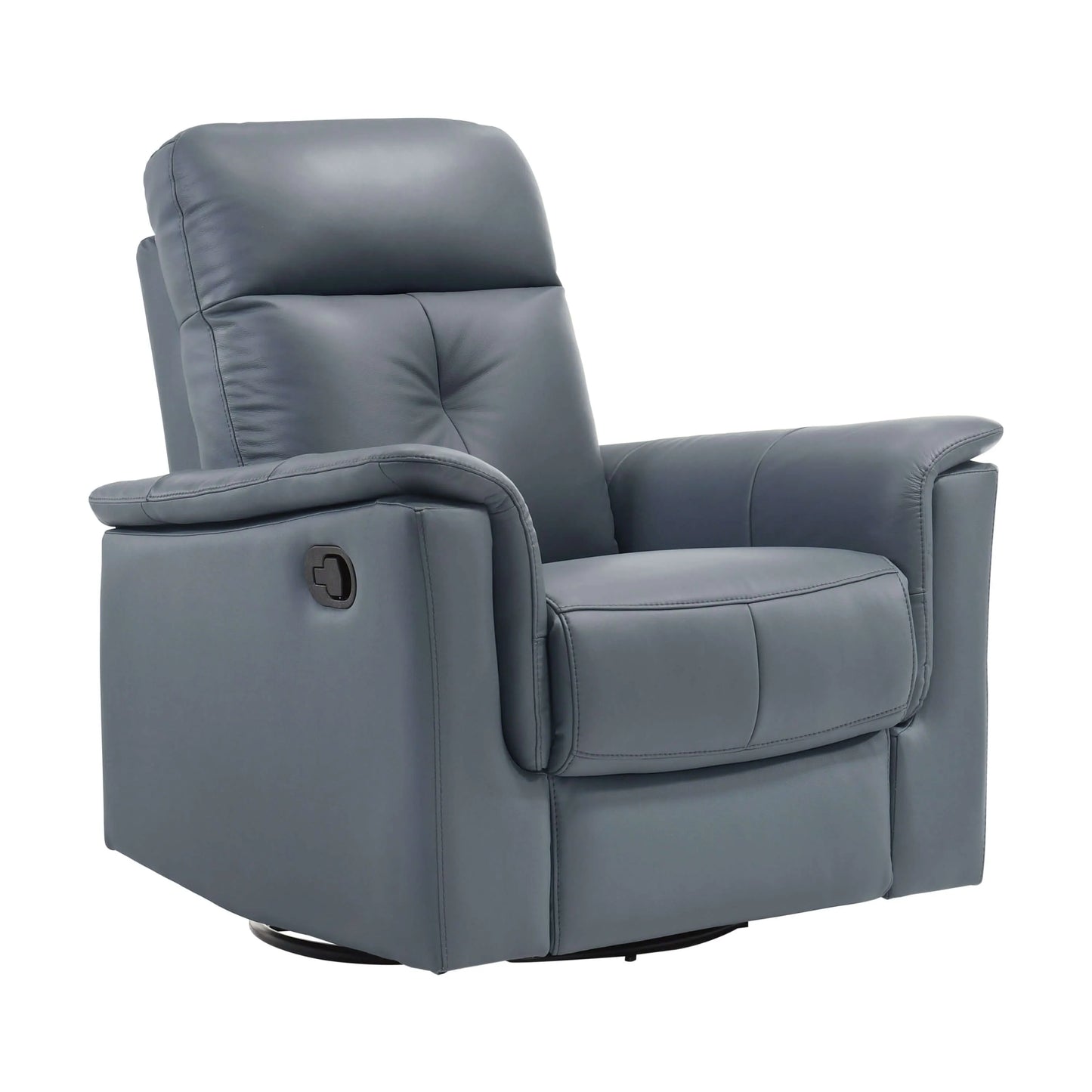 Blue gray recliner chair with manual pull tab and black metal base on a white background