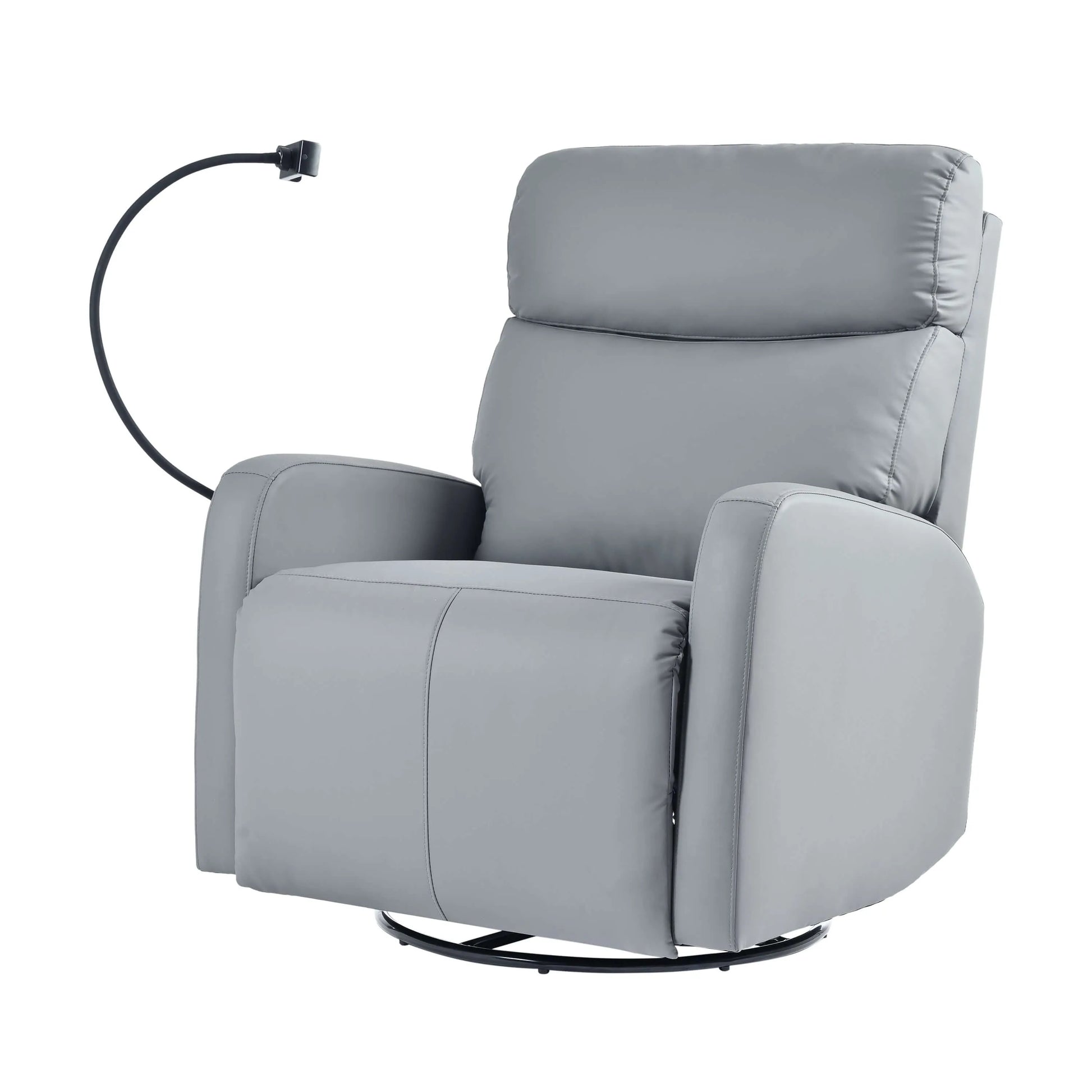 Angled view of a gray recliner chair with a phone holder on a white background