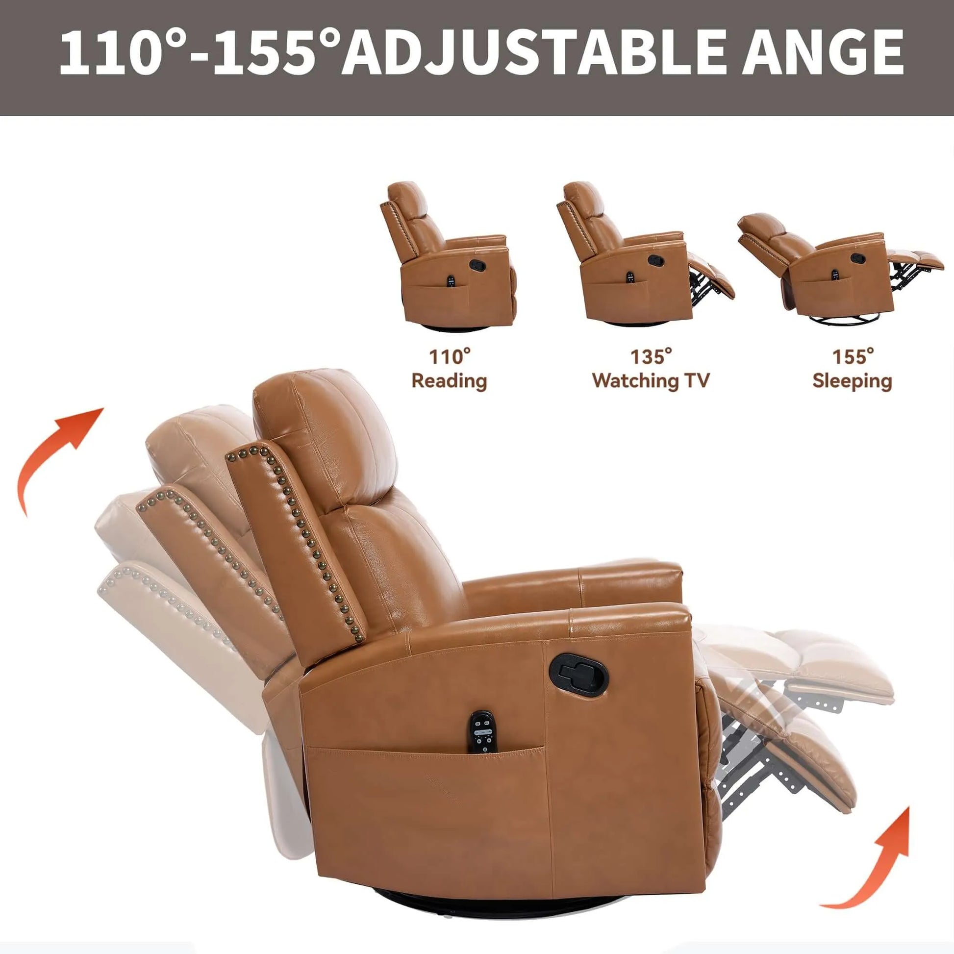 Brown recliner chair with adjustable angle options on a white background