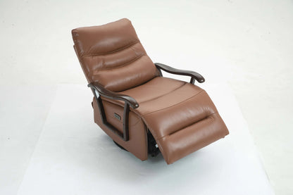 Power brown leather recliner chair partially reclined on a white background