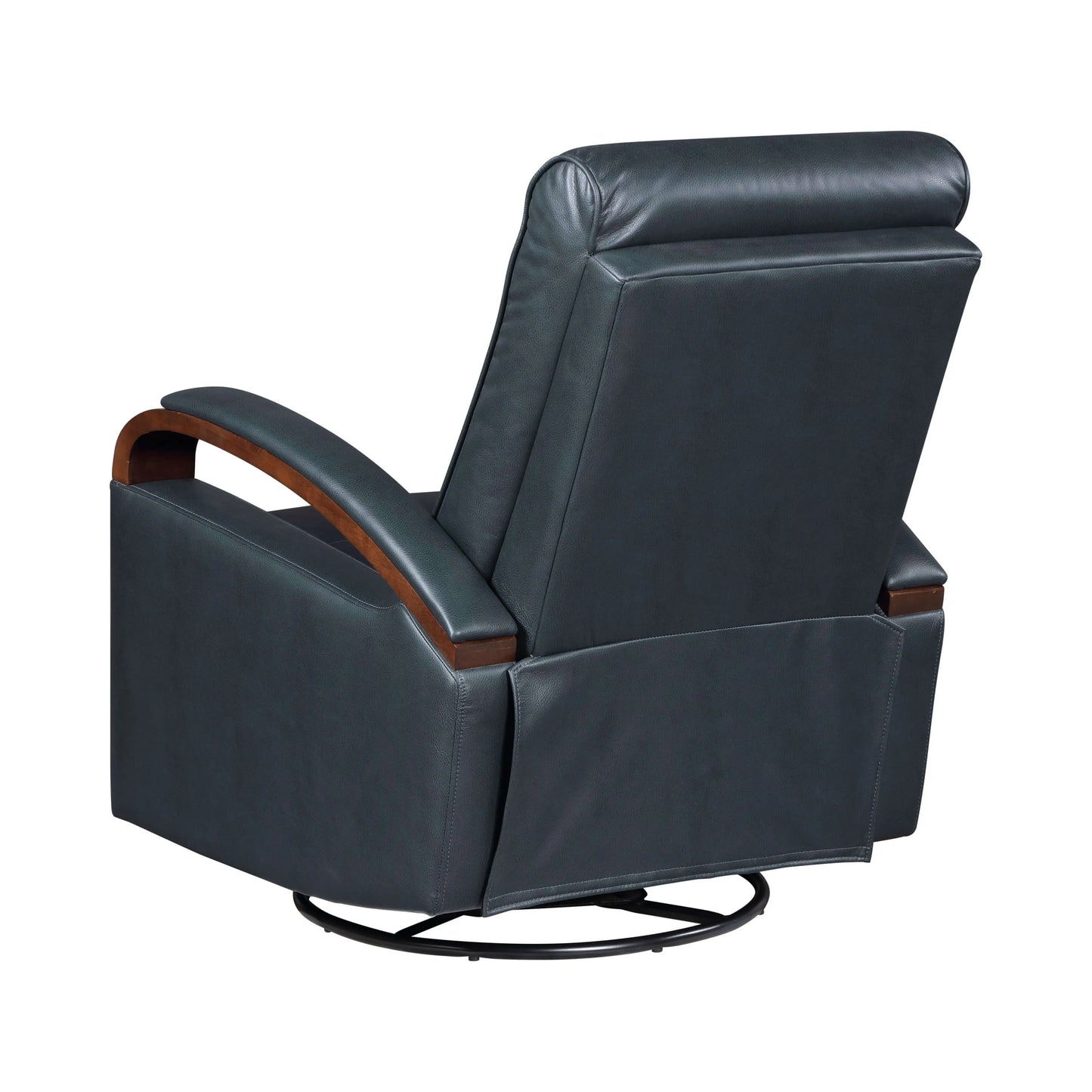 Navy blue faux leather swivel glider recliner chair on a white background