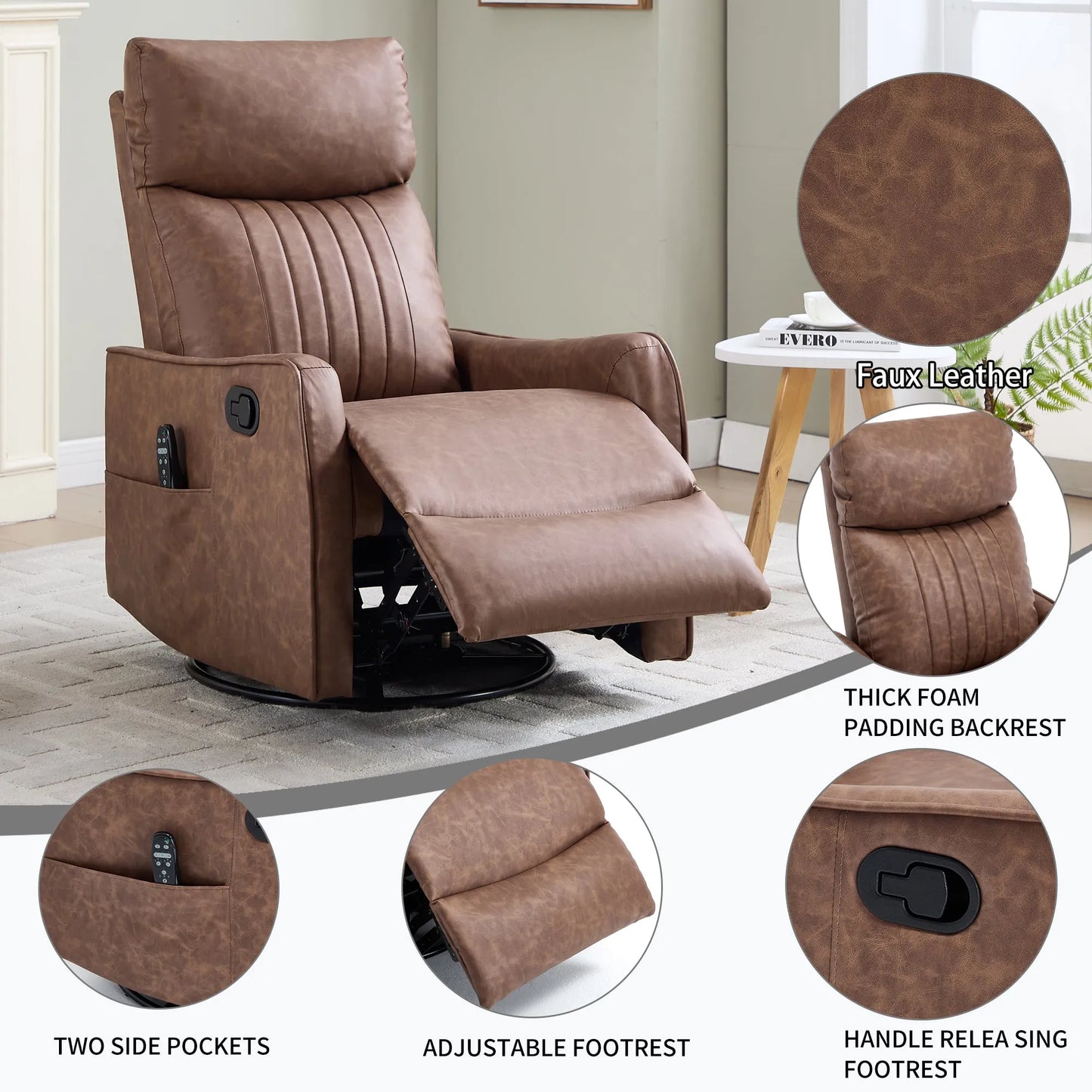 Brown recliner chair with features highlighted in a room setting