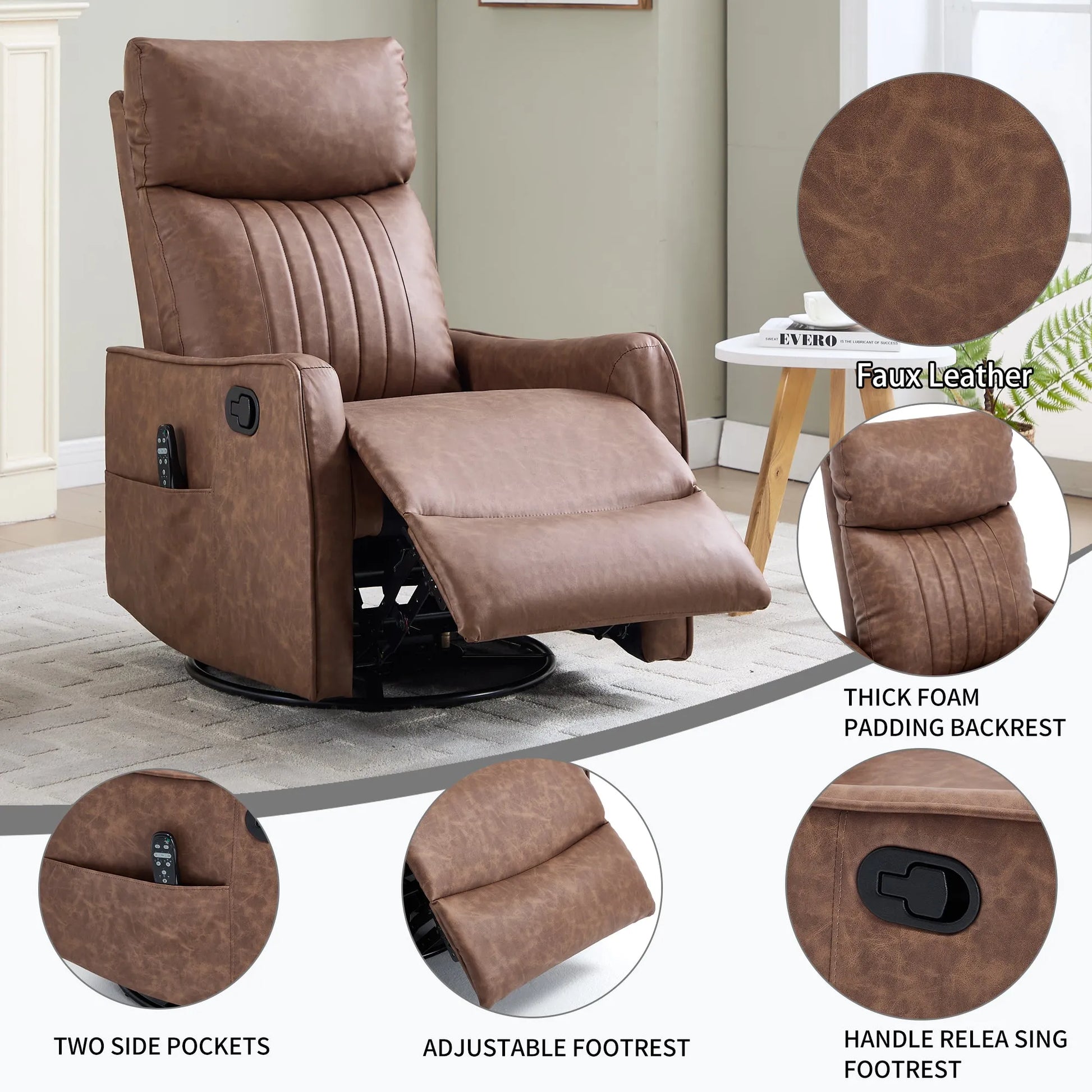 Brown recliner chair with features highlighted in a room setting