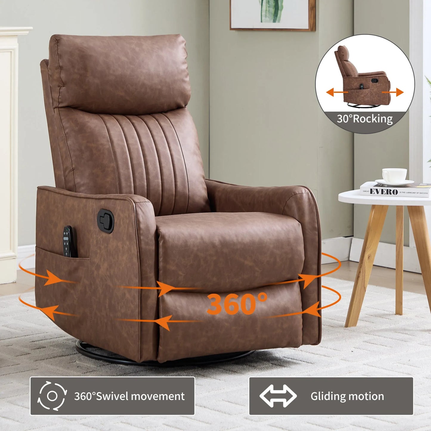 Brown recliner chair with 360-degree swivel, rocking, and gliding features in a living room setting.