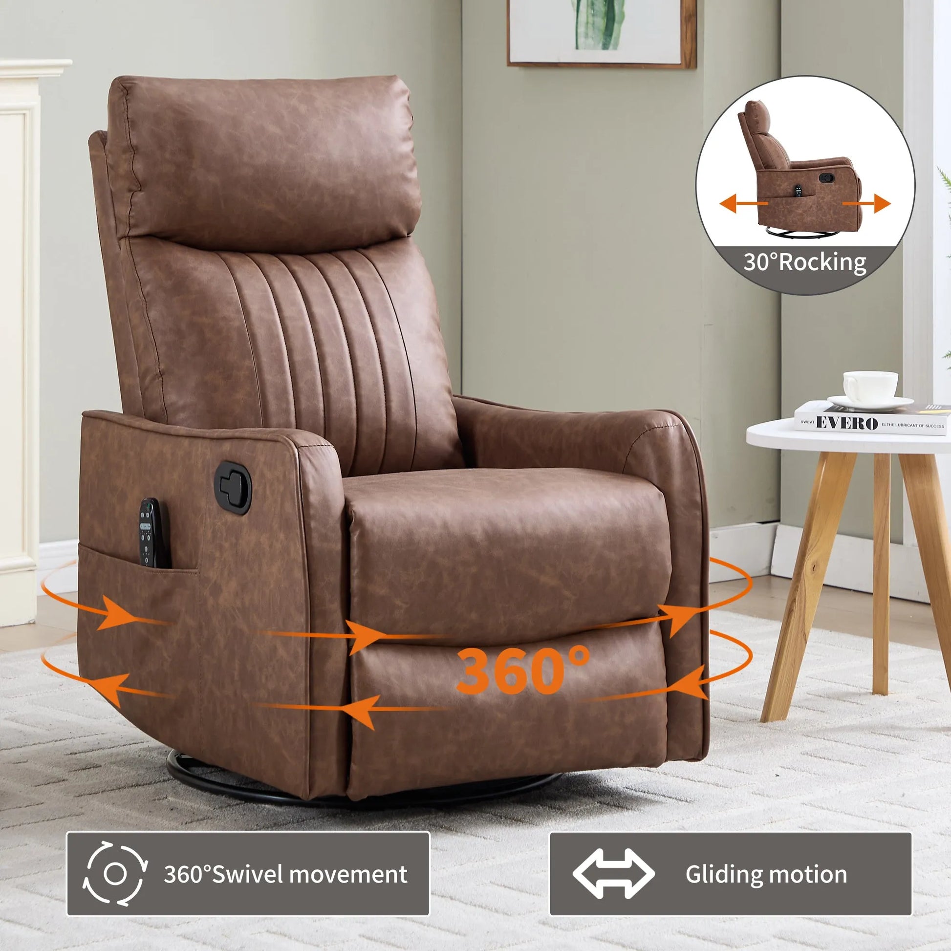 Brown recliner chair with 360-degree swivel, rocking, and gliding features in a living room setting.