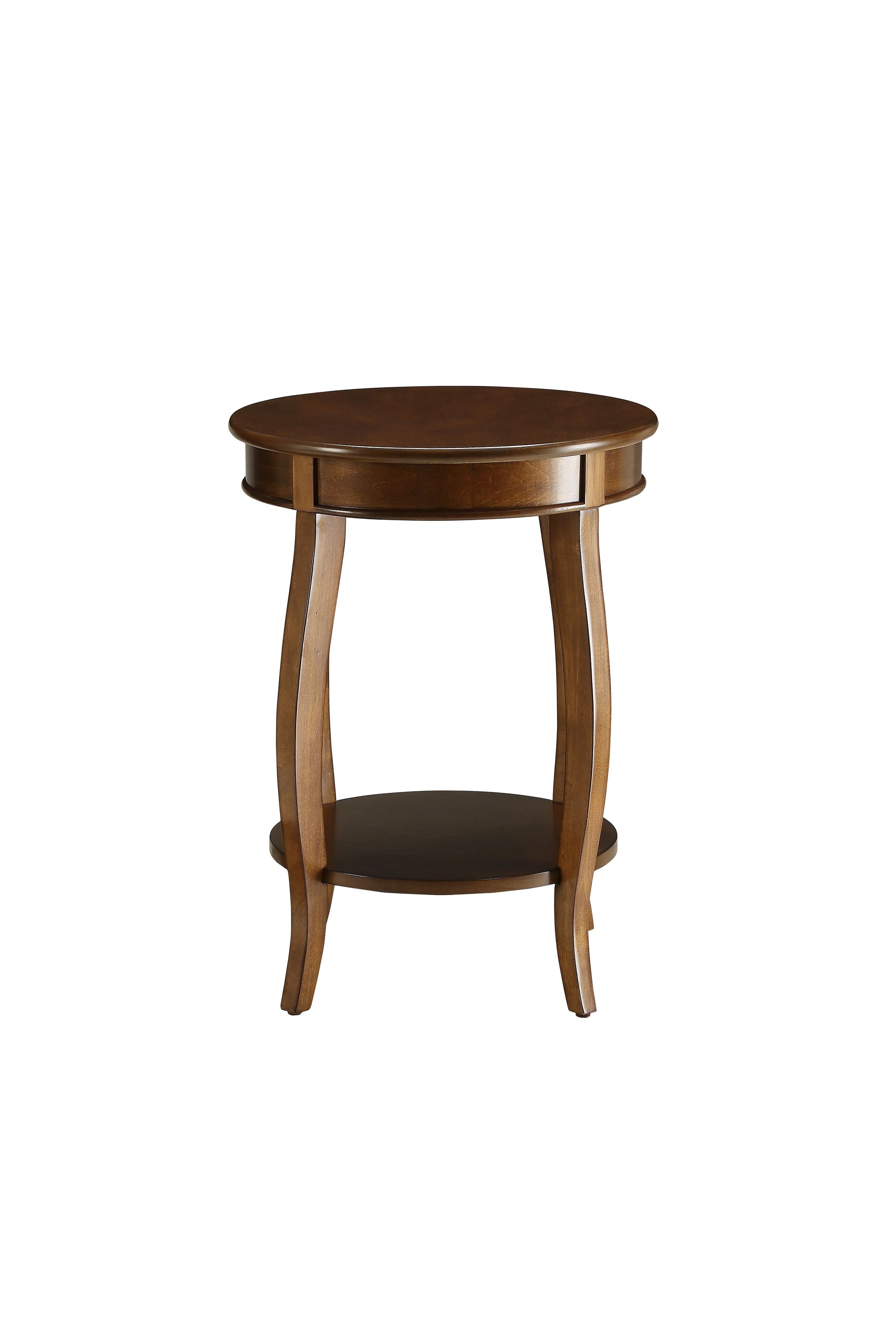 Walnut wood accent table with a round top and shelf on a white background