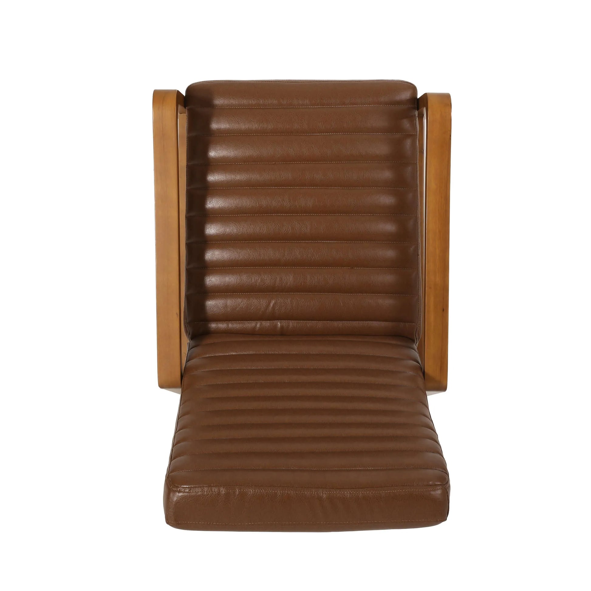 Brown faux leather recliner chair with wooden armrests on a white background