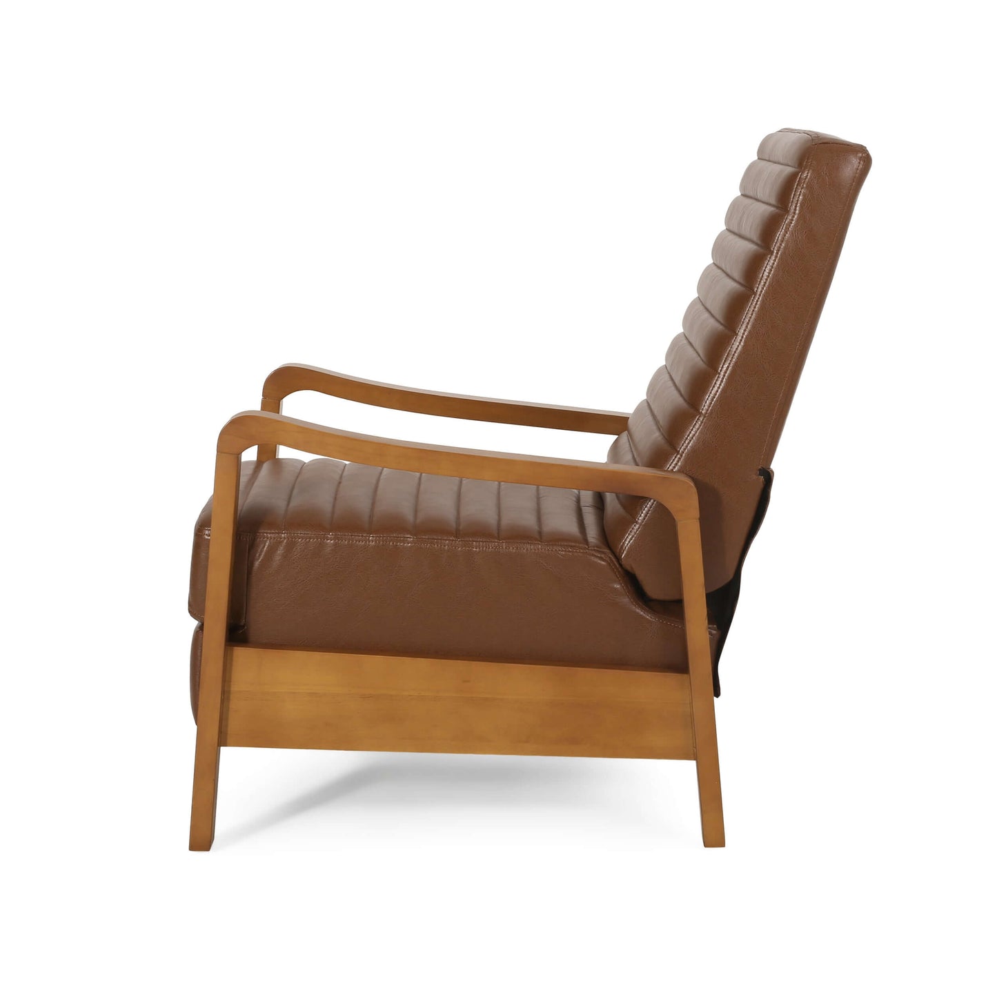 Brown faux leather reclliner chair on a white background
