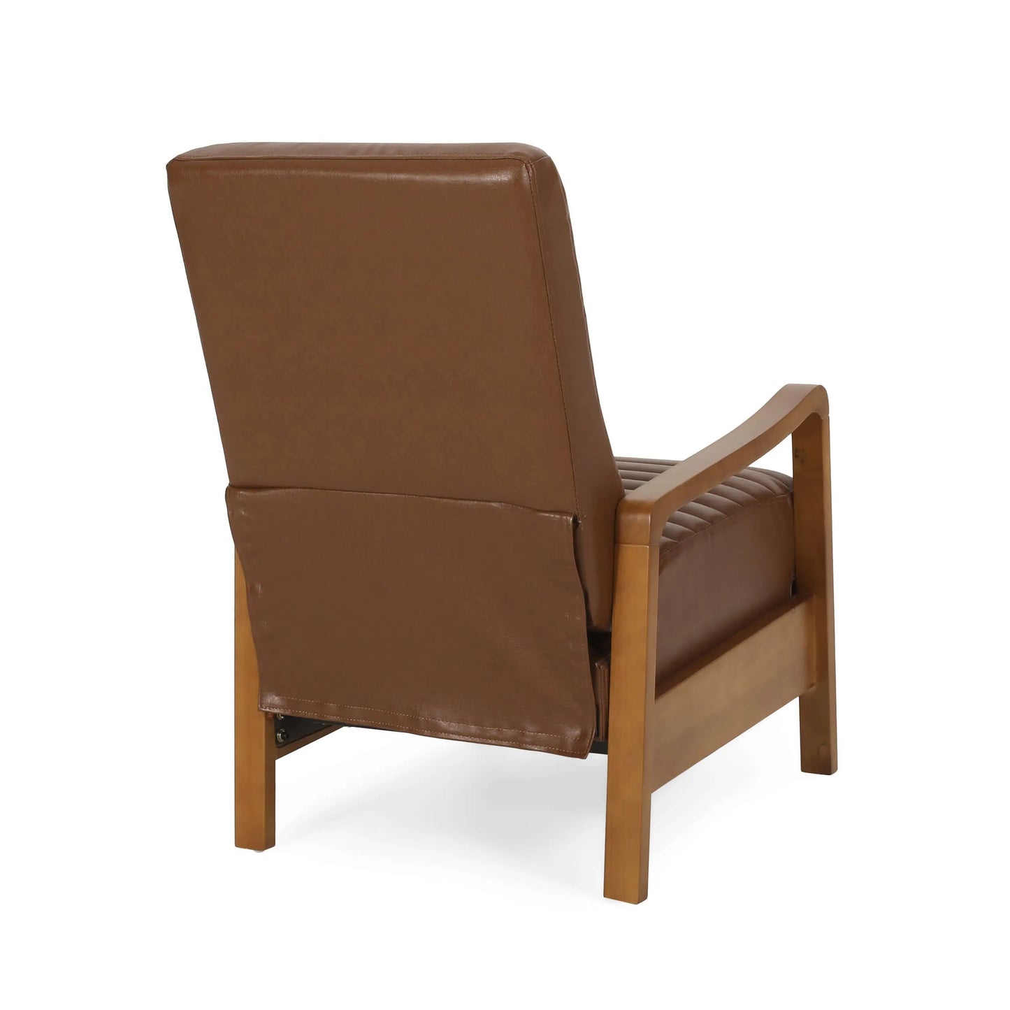 Back of a brown faux leather recliner chair on white background