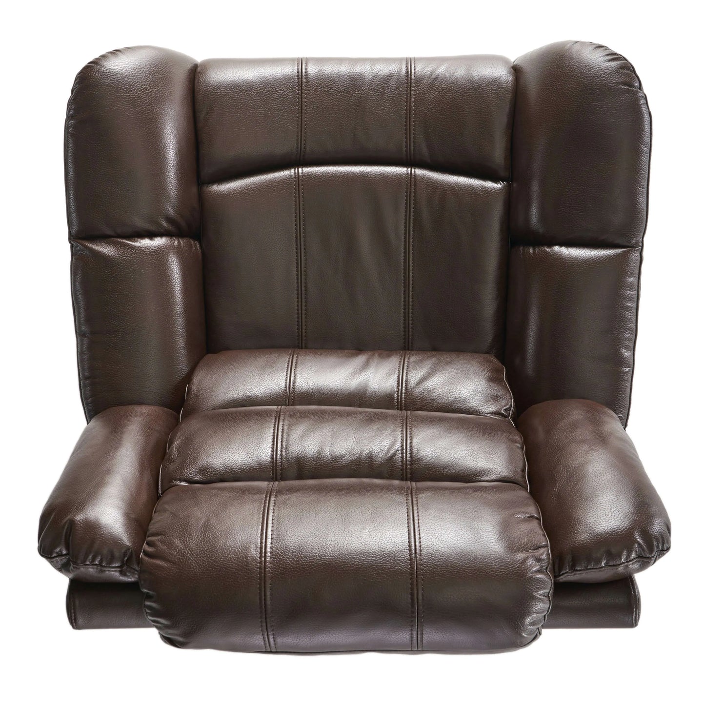 Top down view of a dark brown faux leather glider recliner chair on a white background