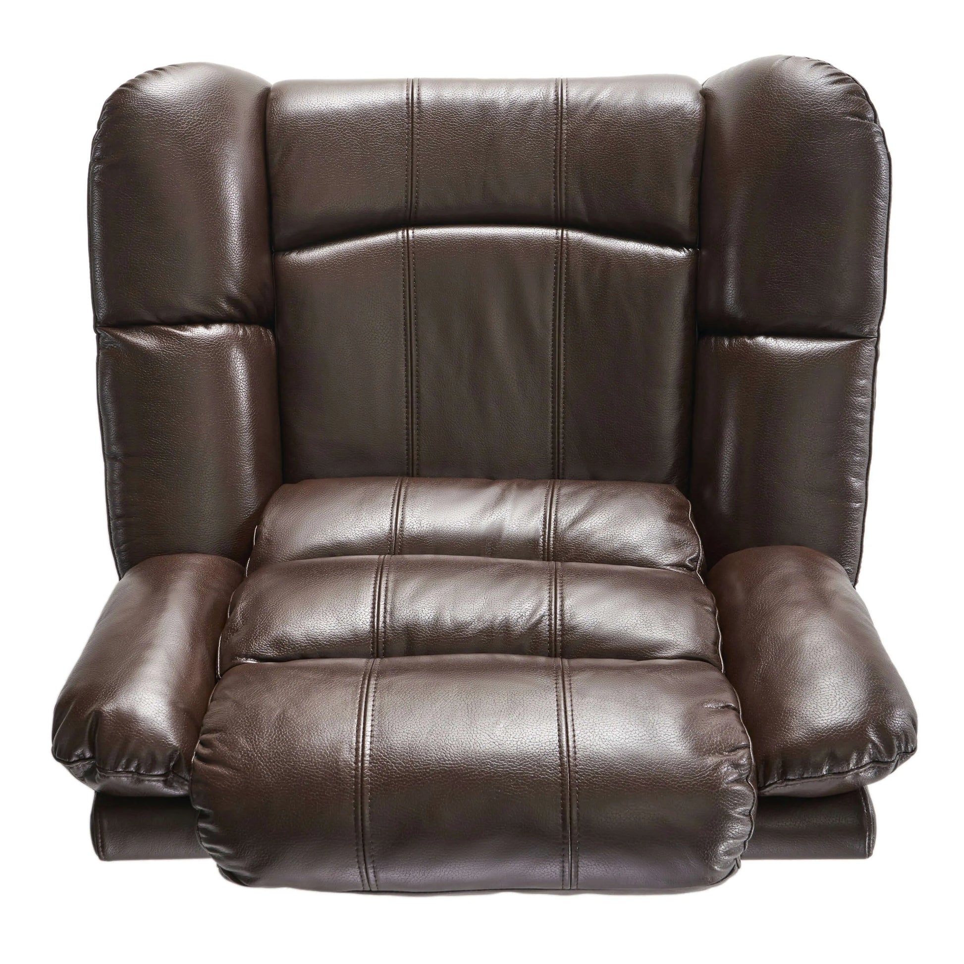 Top down view of a dark brown faux leather glider recliner chair on a white background