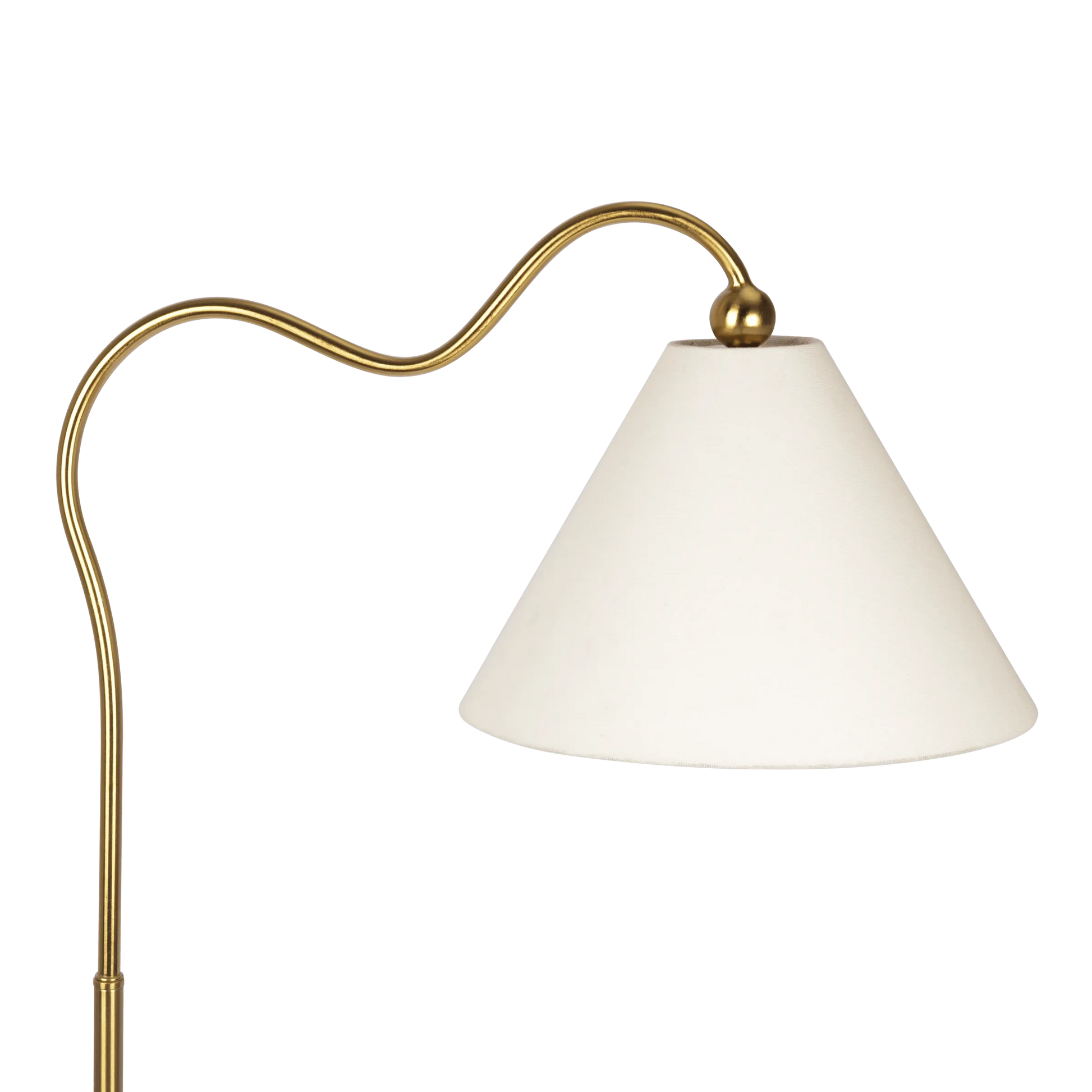 Floor lamp with gold curved arm and white shade on a white background