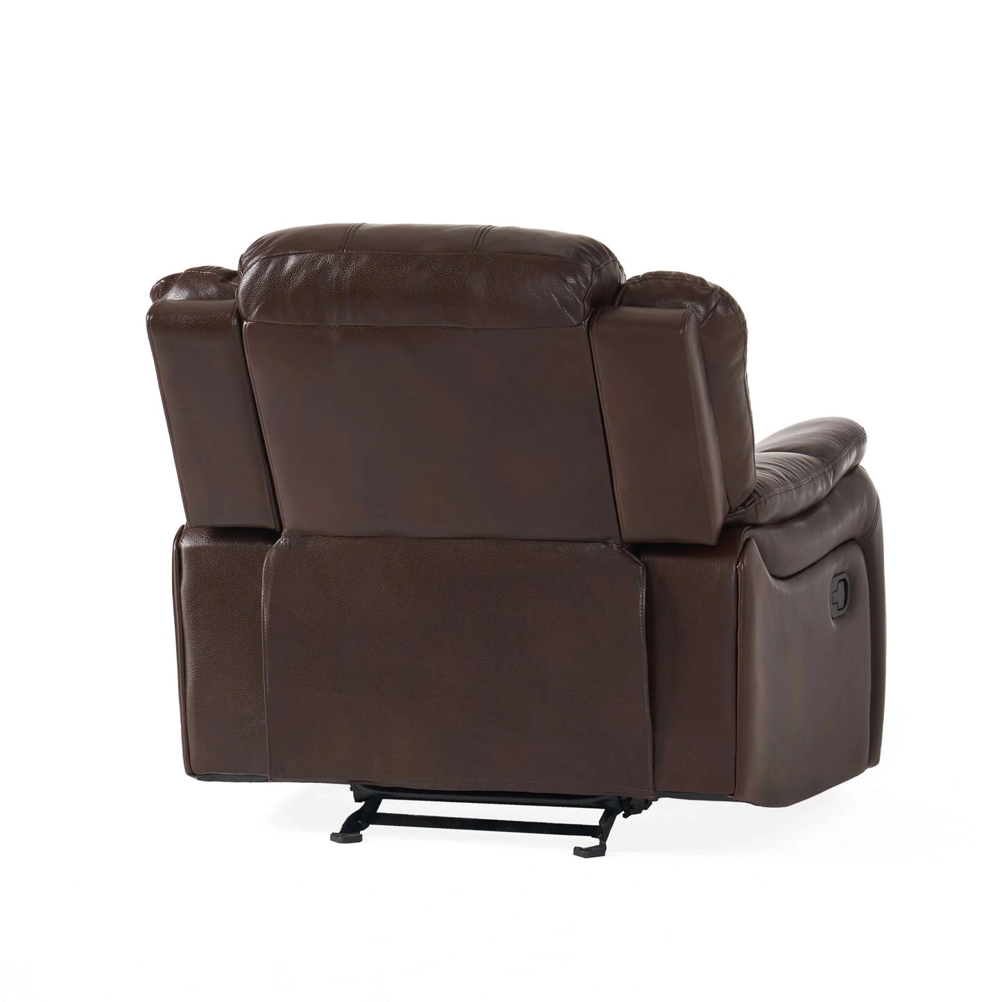 Back view of a dark brown faux leather glider recliner chair on a white background