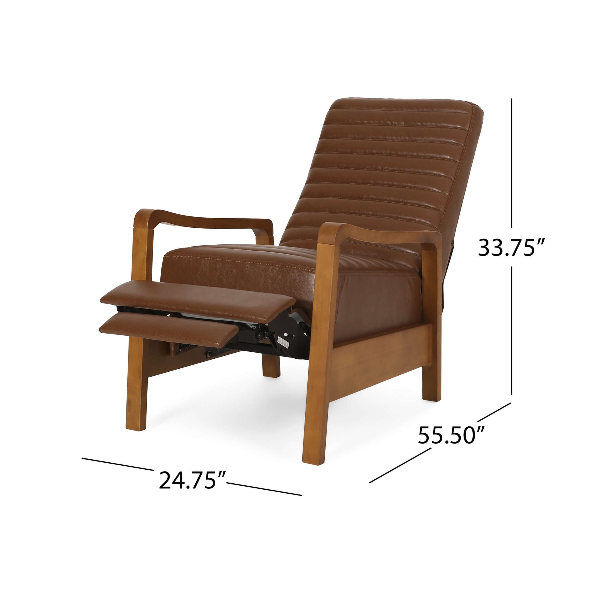 Reclining brown faux leather recliner chair with dimensions on a white background