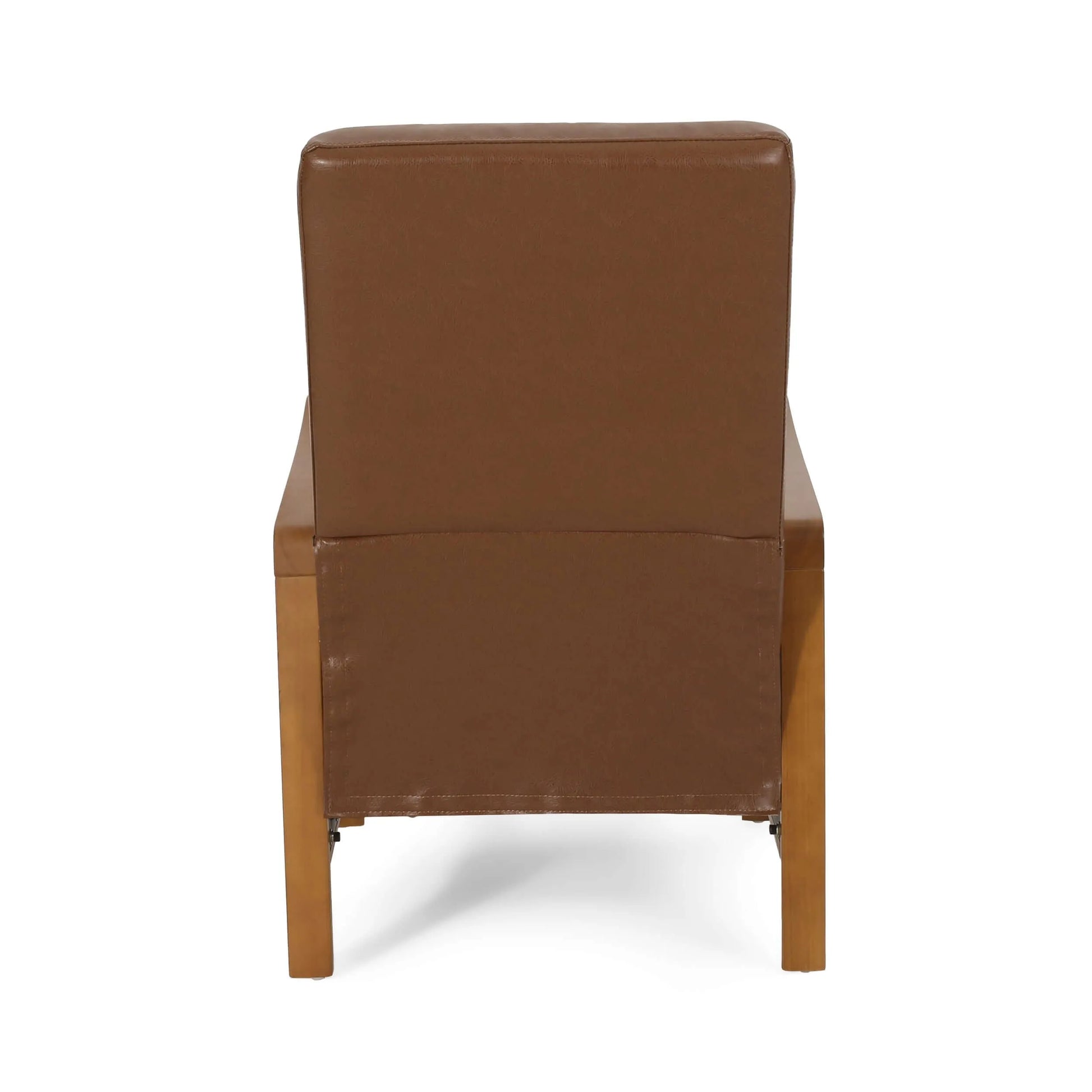 Back of a brown faux leather reclining chair on white background.
