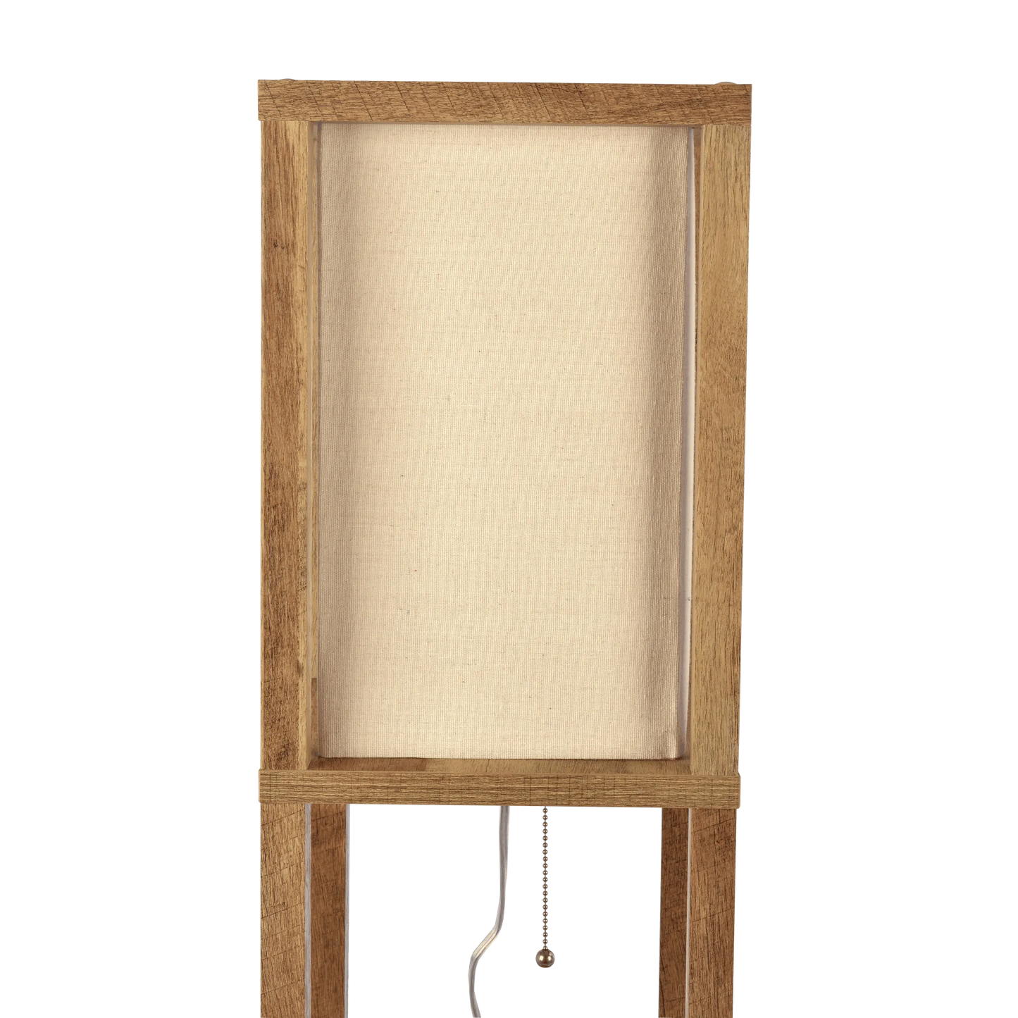 Close up of a wooden floor lamp with a beige shade on a white background