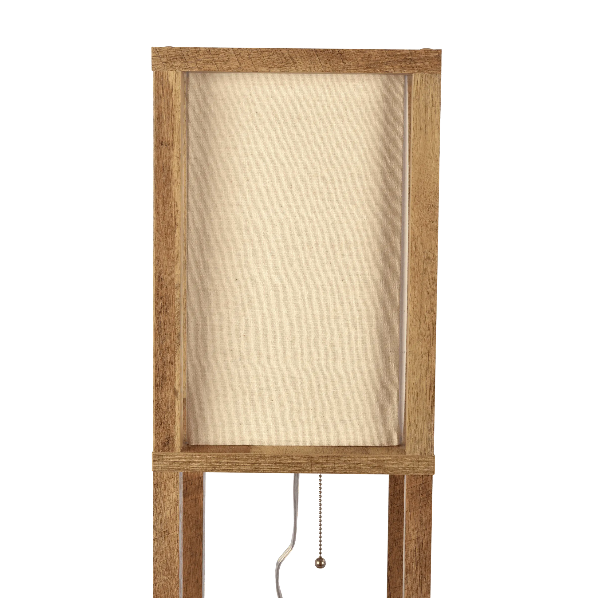Close up of a wooden floor lamp with a beige shade on a white background