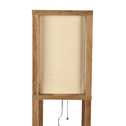 Close up of a wooden floor lamp with a beige shade on a white background