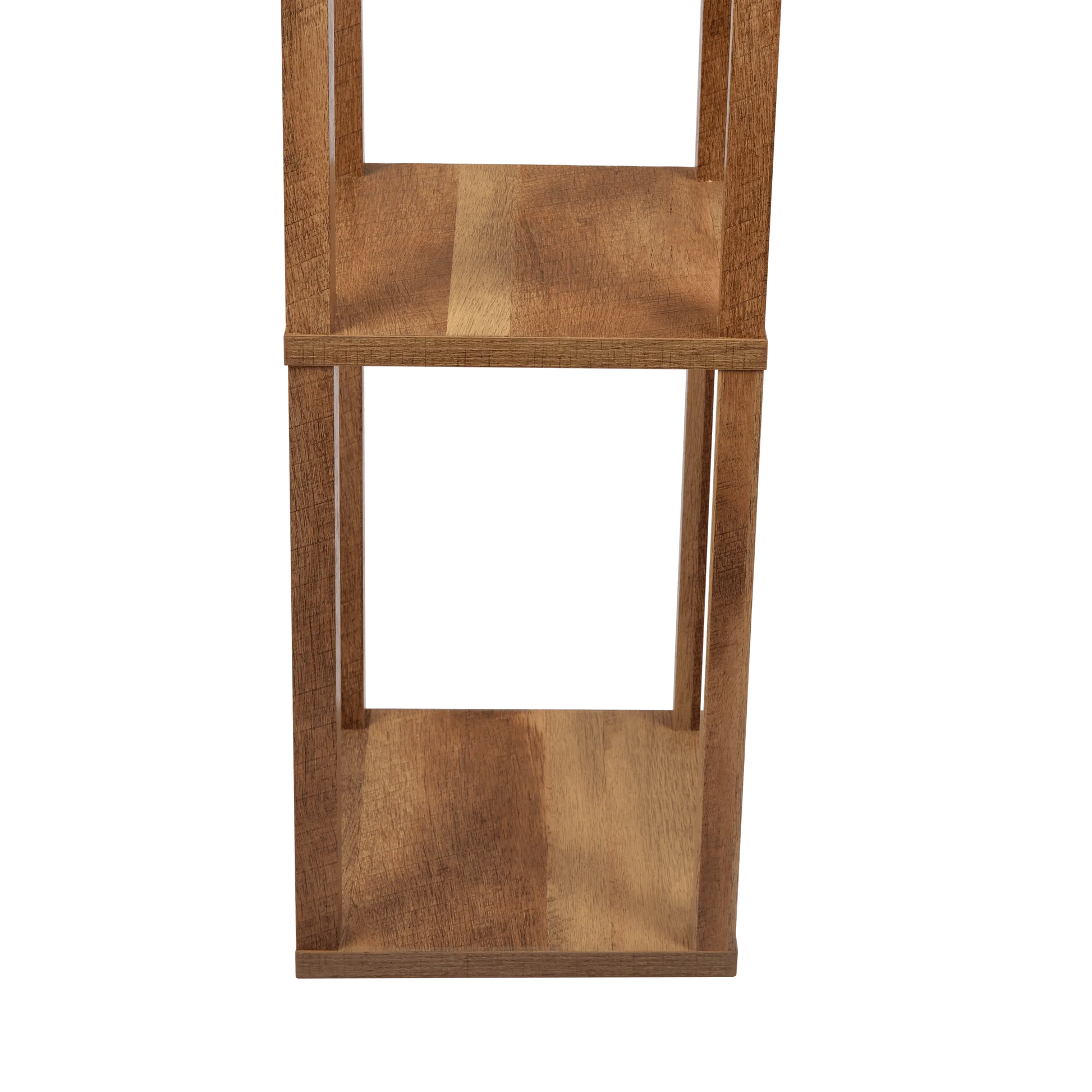 Closse up of wooden floor lamp with two shelves on a white background