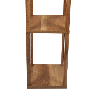 Closse up of wooden floor lamp with two shelves on a white background