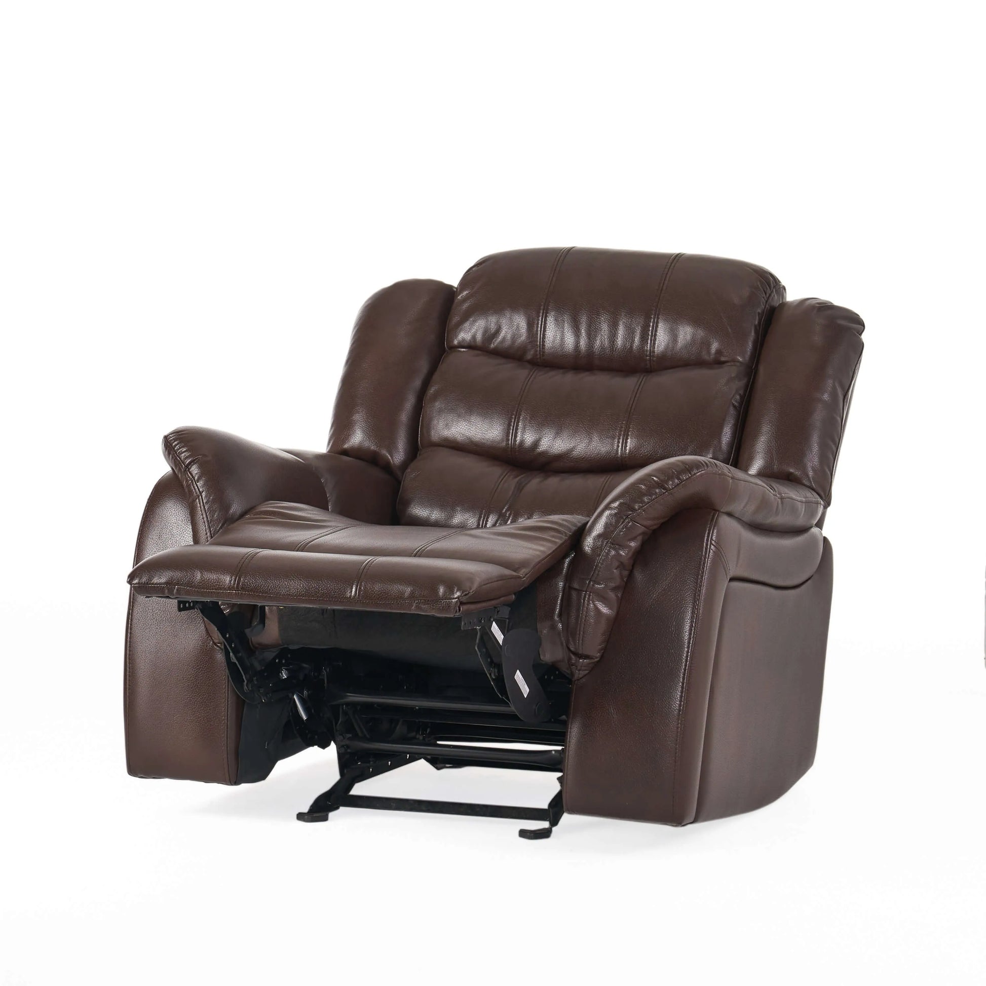 Front view of a dark brown faux leather glider recliner chair in a reclining position on a white background