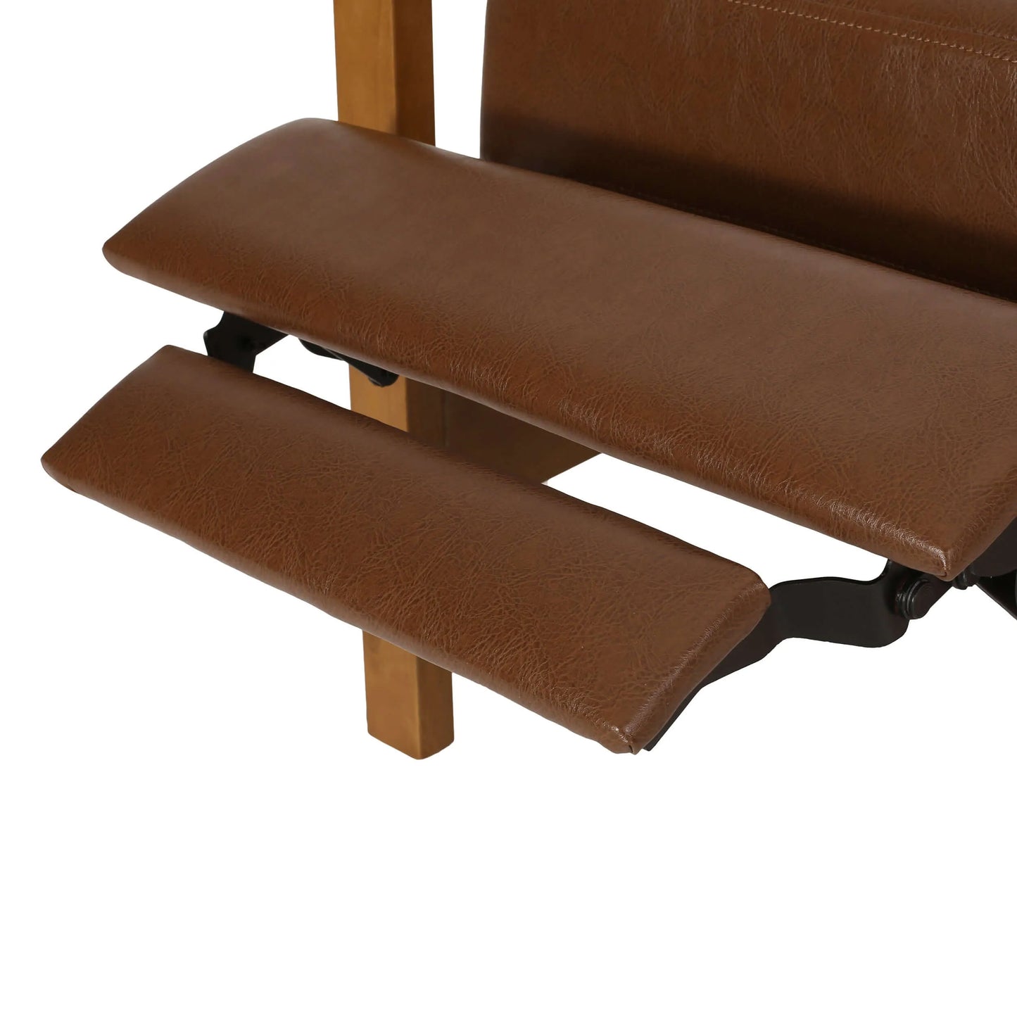 Brown faux leather recliner chair footrest on a white background