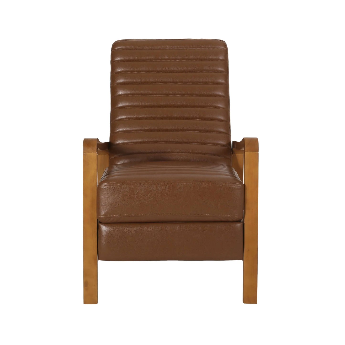 Front of brown faux leather recliner chair on white background
