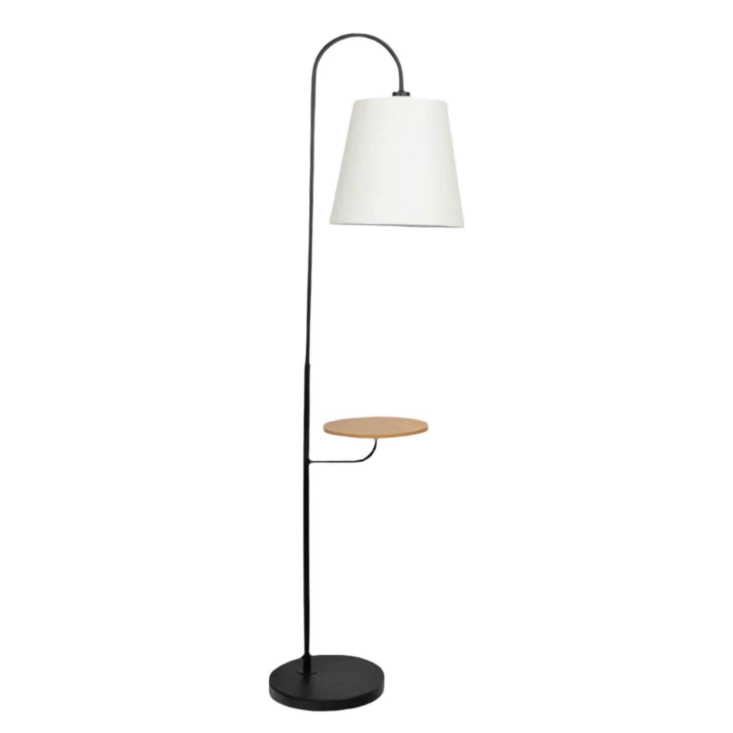 Floor lamp with a white shade and wooden side table on a white background