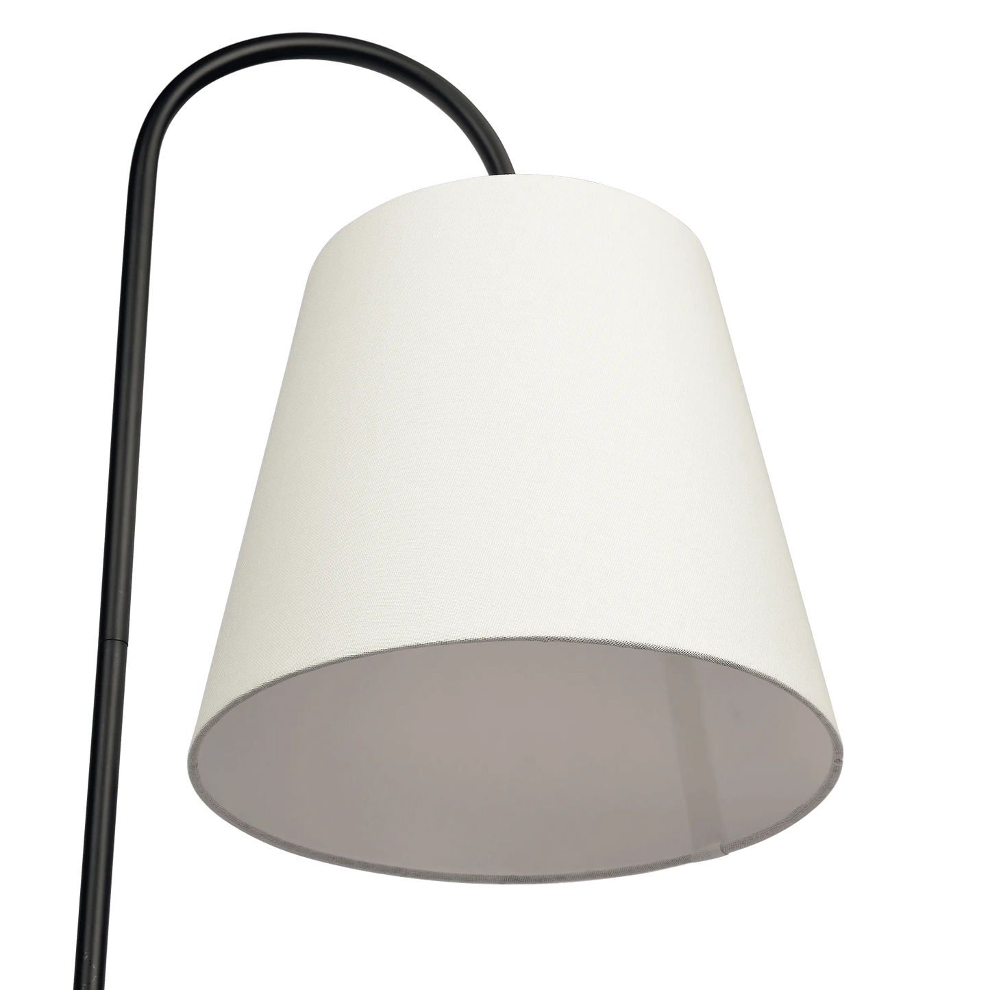 Floor lamp with a white shade and black curved arm on a white background