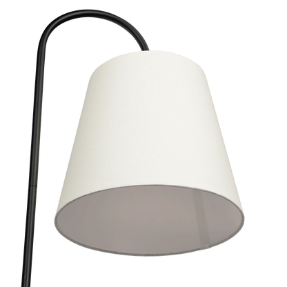 Floor lamp with a white shade and black curved arm on a white background
