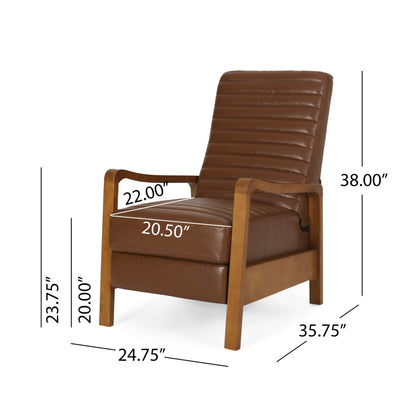 Brown faux leather recliner chair with dimensions on a white background