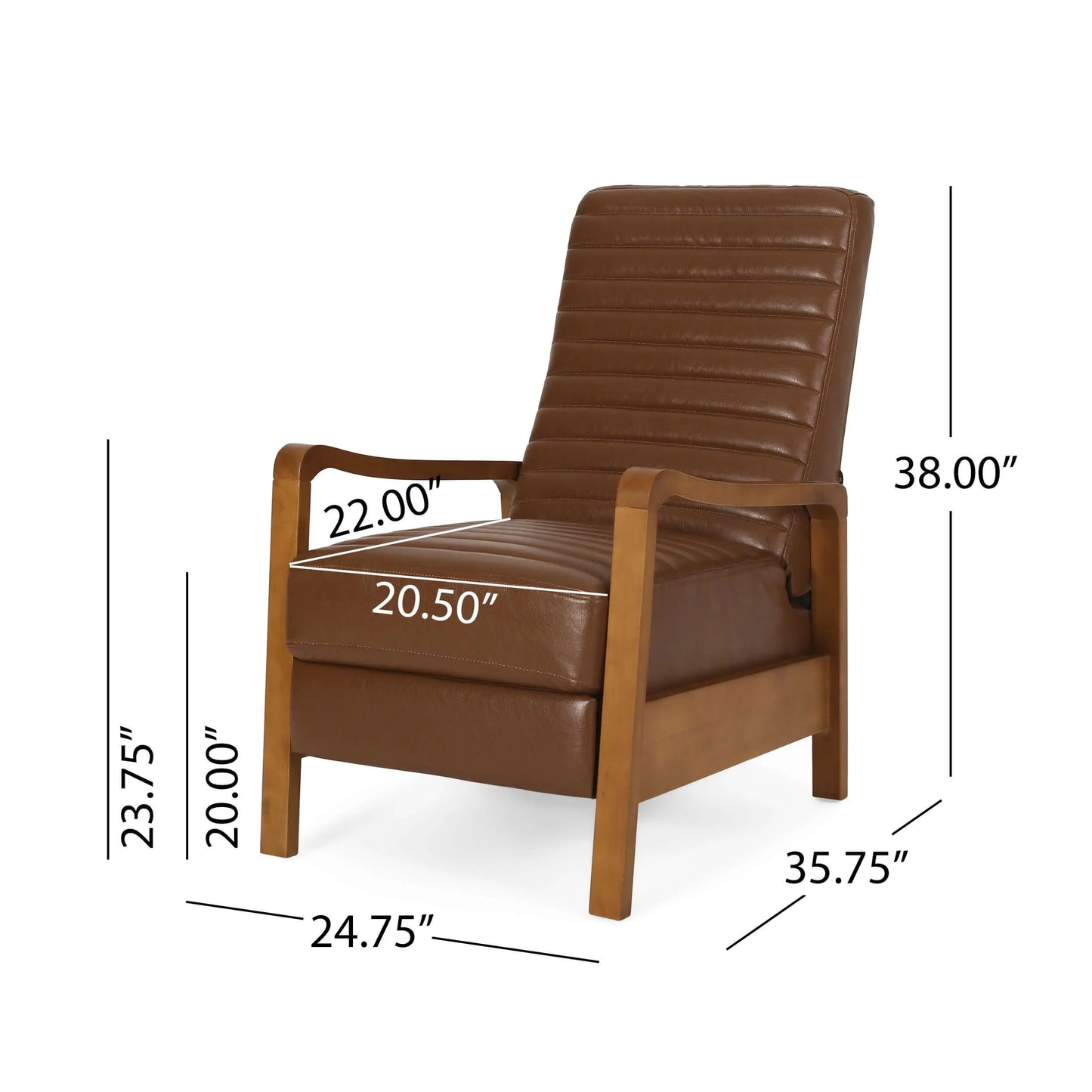 Brown faux leather recliner chair with dimensions on a white background