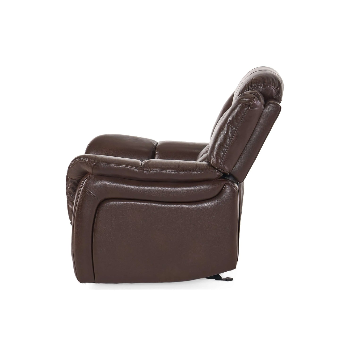 Side view of a dark brown faux leather glider recliner chair on a white background