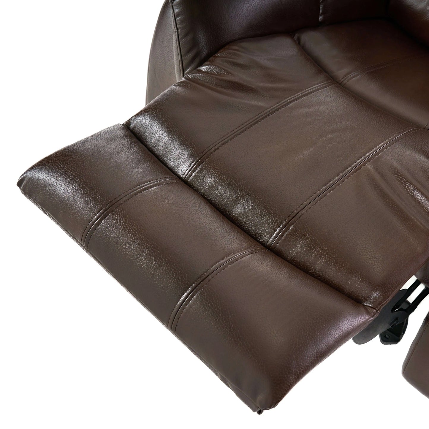 Close up of a dark brown faux leather glider recliner chair footrest on a white background
