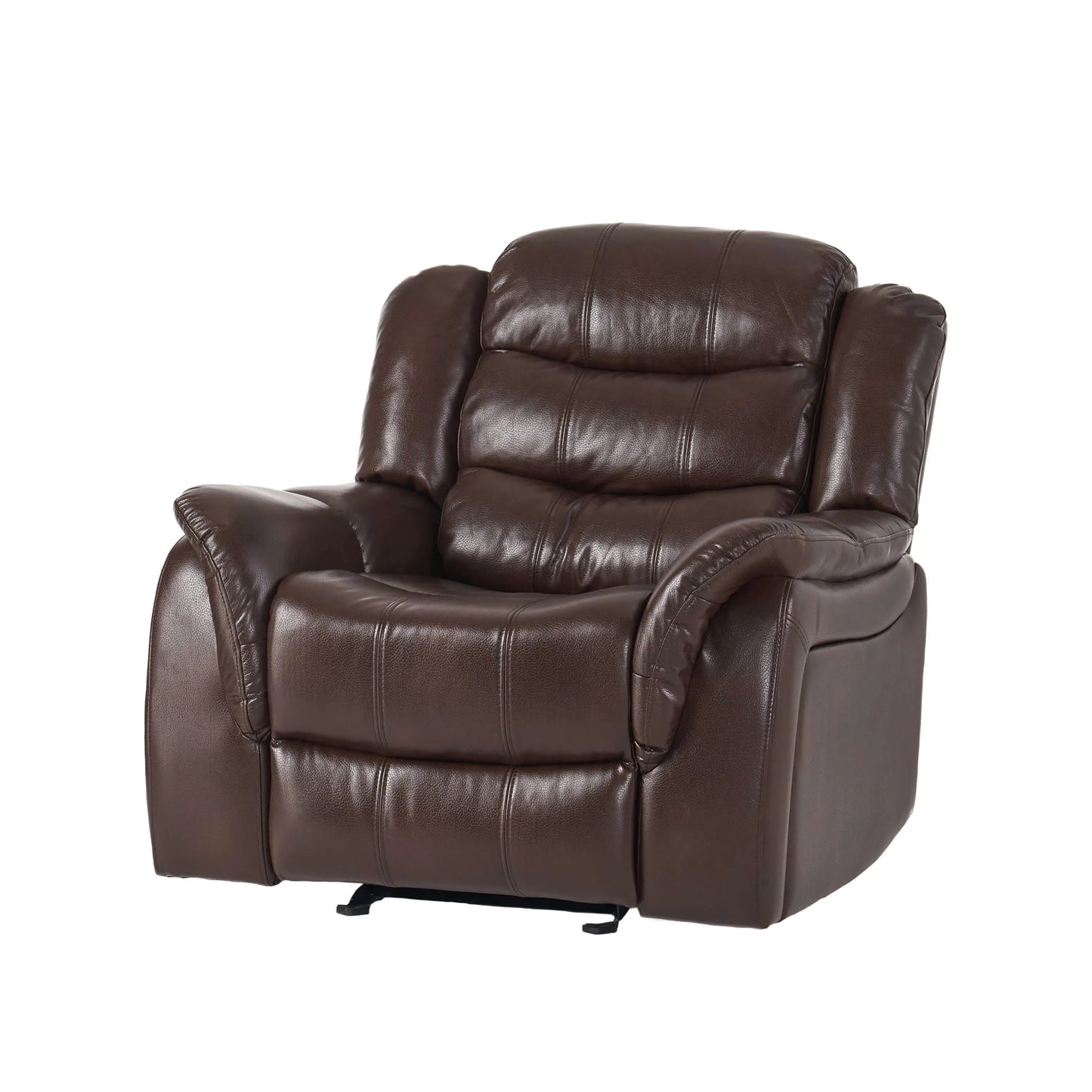 Front left angle view of a dark brown leather glider recliner chair on a white background