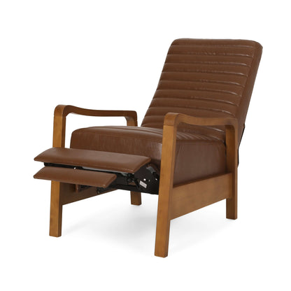 Brown faux leather recliner chair in reclining position on a white background