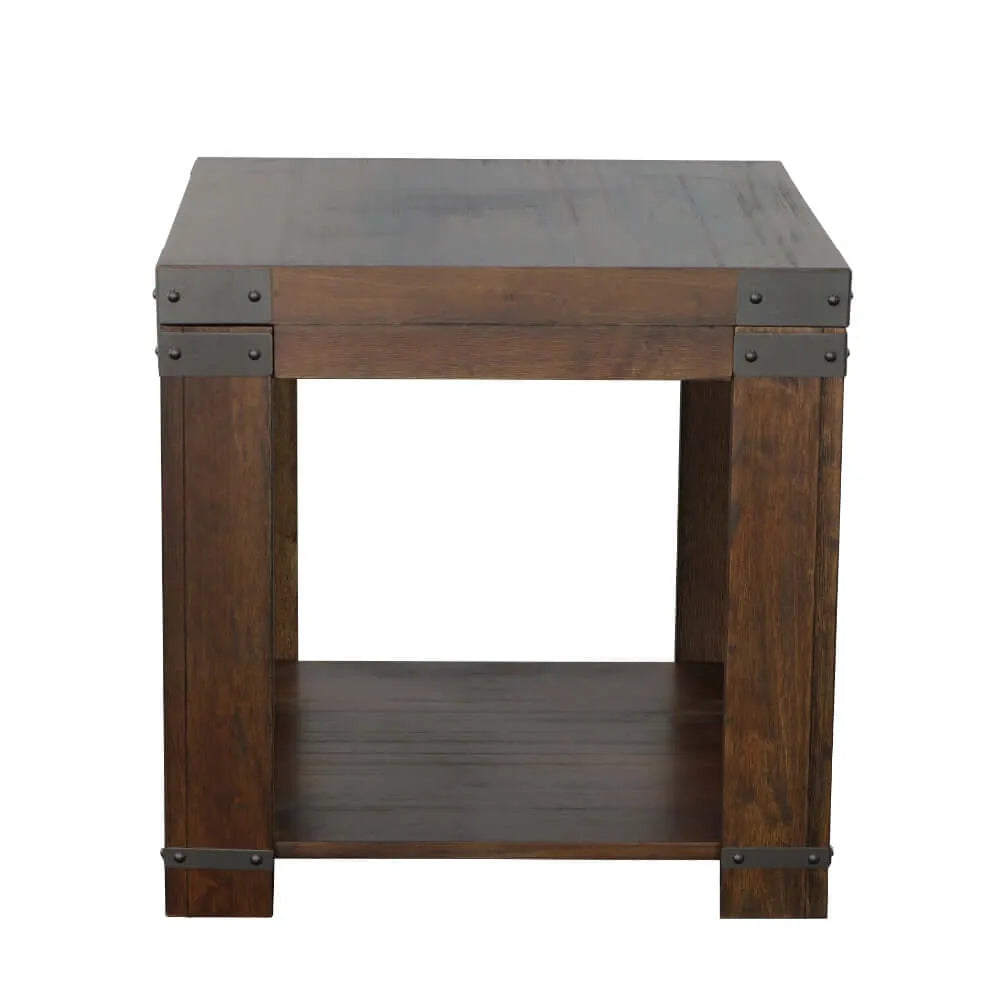 Wooden end table with metal accents on a white background