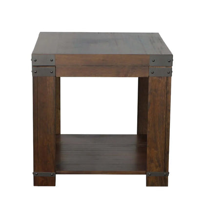 Wooden end table with metal accents on a white background